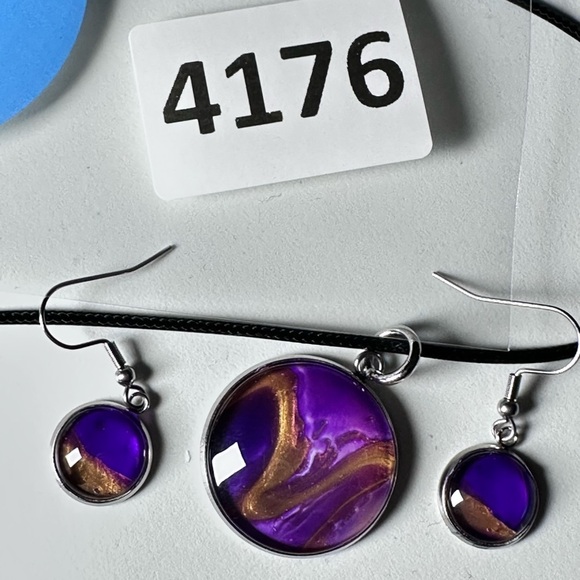 Elegant Purple and Gold Swirl Jewelry Set Handmade Acrylic pour Art Signed 4176 - Picture 10 of 15